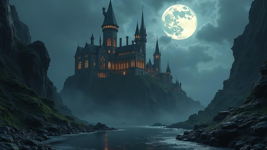 Gothic Castle on Rocky Cliff at Night in Unreal Engine