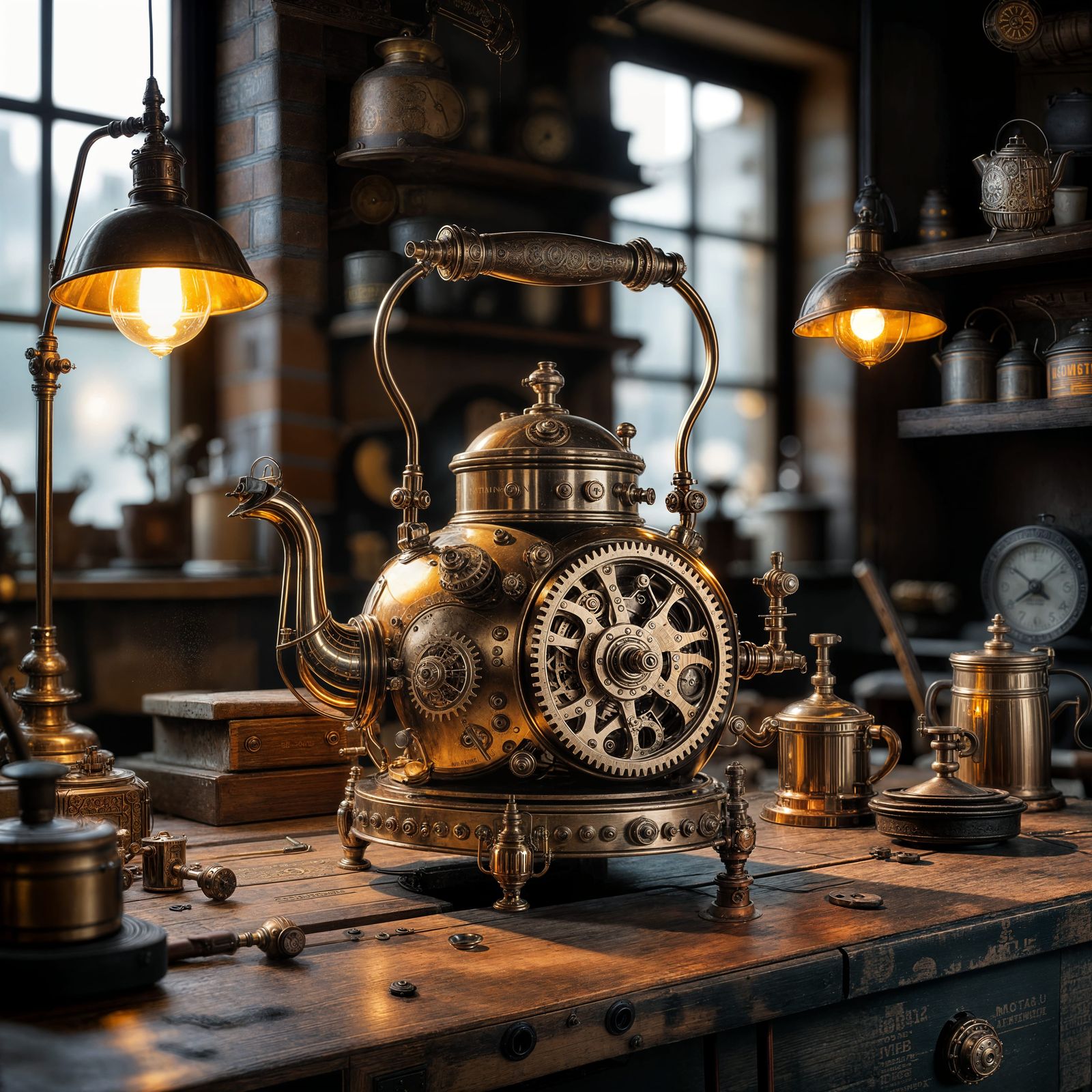 Steampunk Kettle Automaton on Cluttered Workbench