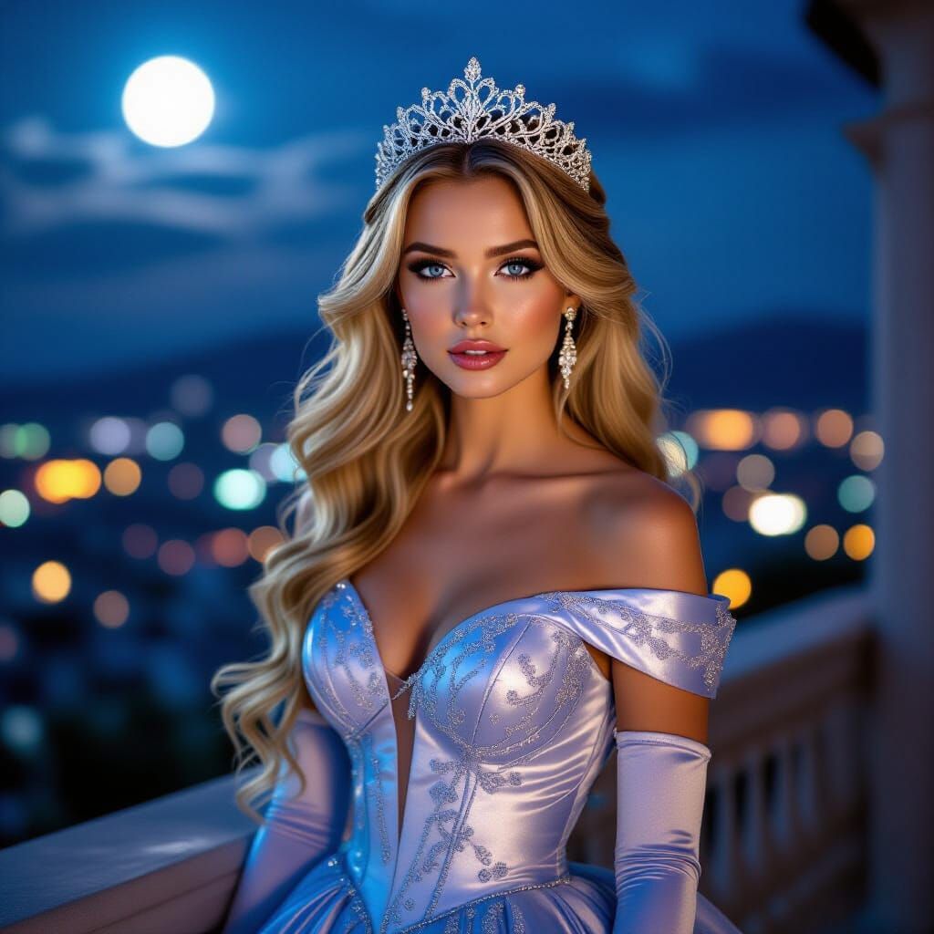 Photorealistic Princess on Balcony with Moonlit City View