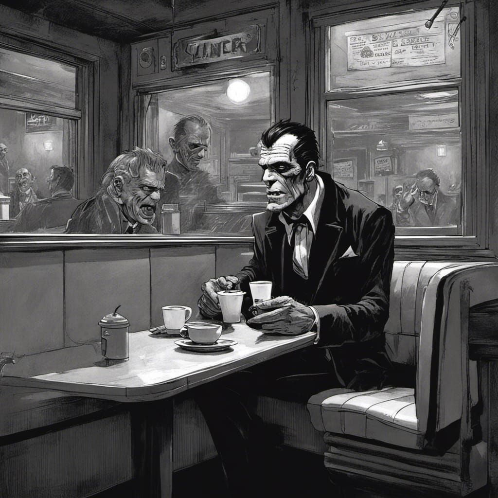 Frankenstein's Diner Encounter: A Sinister Night Scene