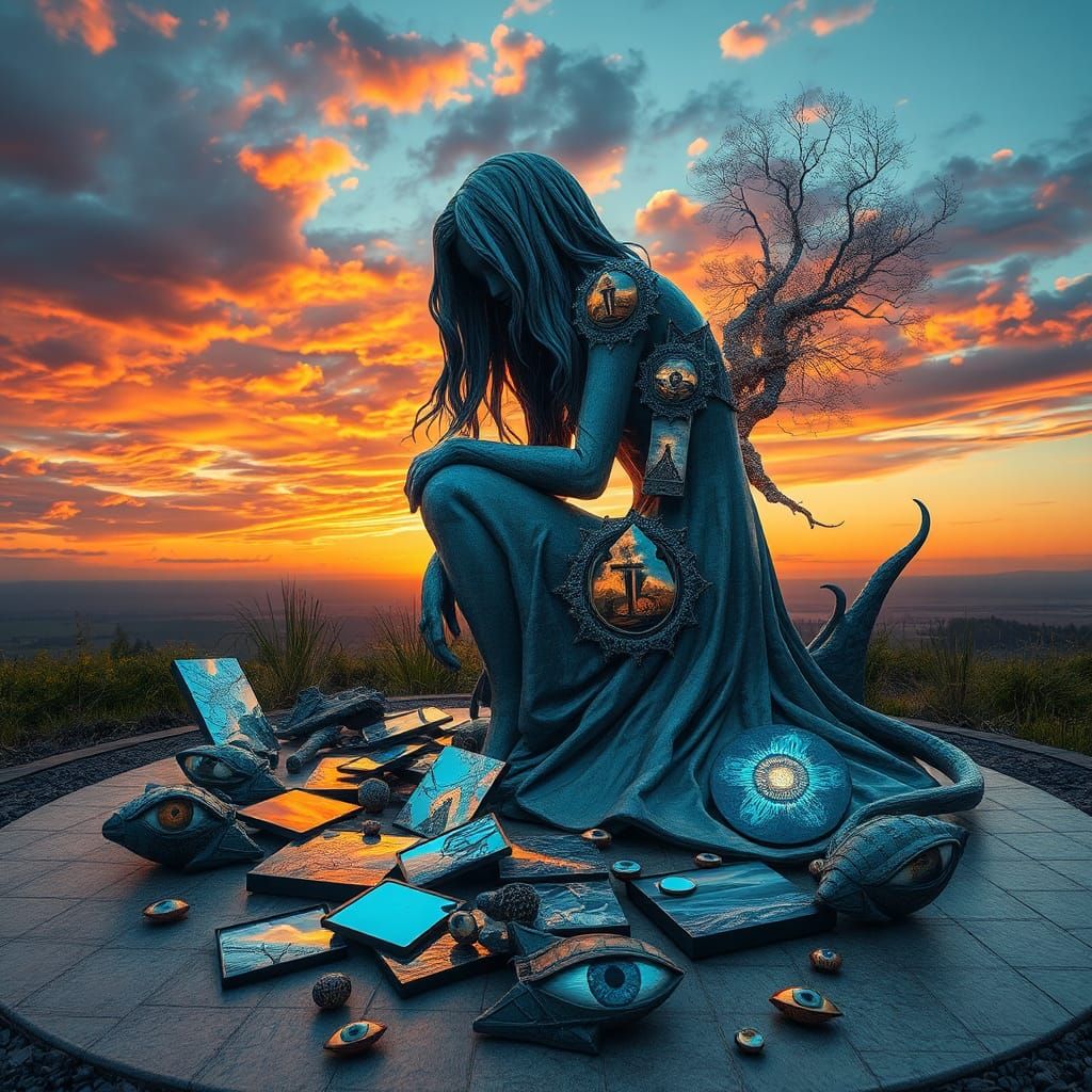 Surreal Fragmented Sculpture of Woman at Sunset