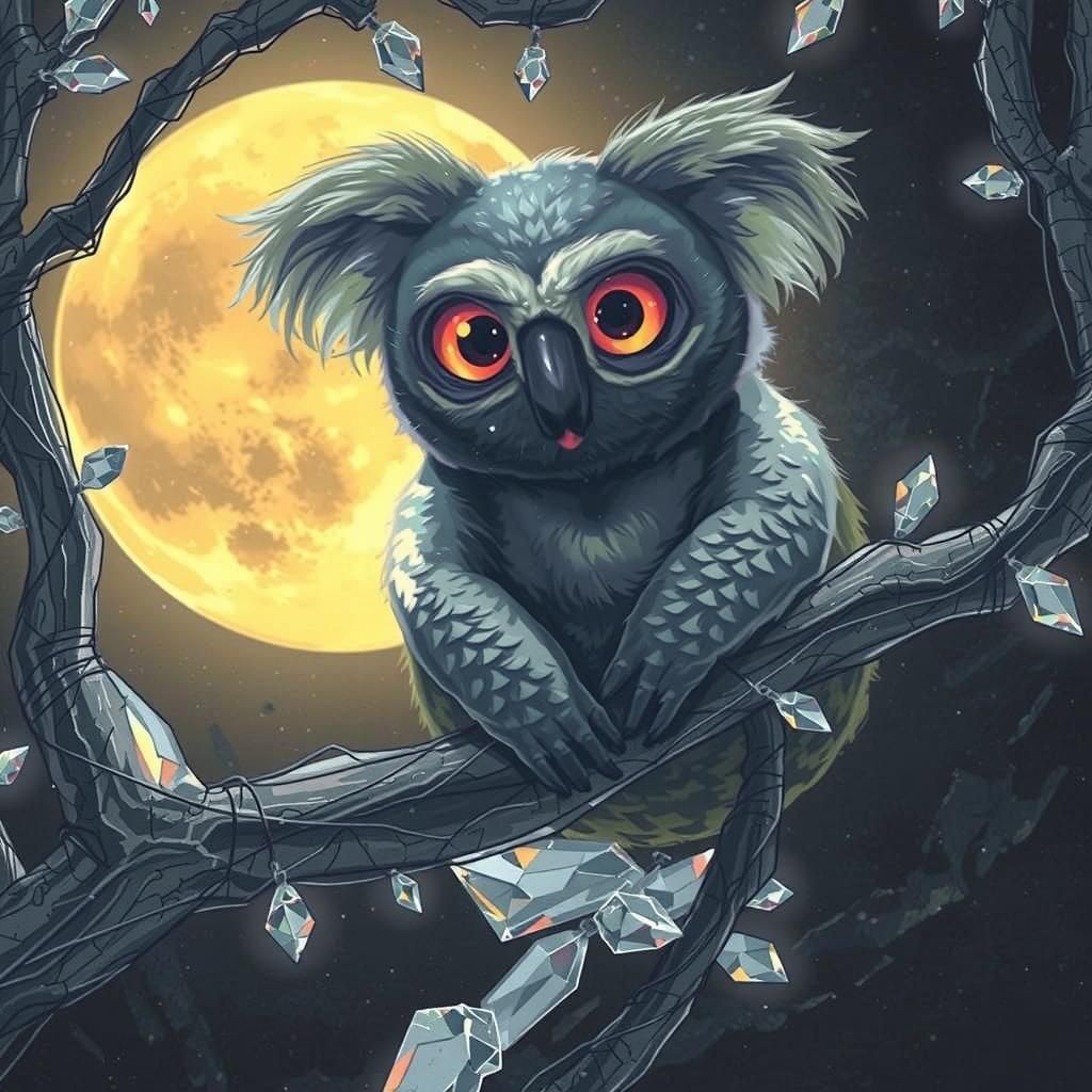 Koala-Owl Hybrid in Crystalline Tree, Fantasy Art