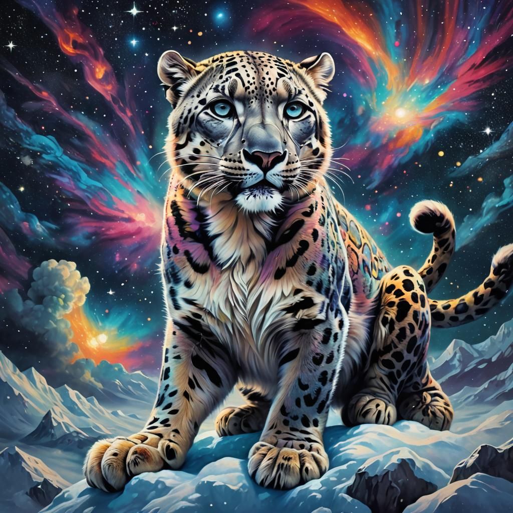 Snow Leopard in Zero Gravity: Cosmic Illustration