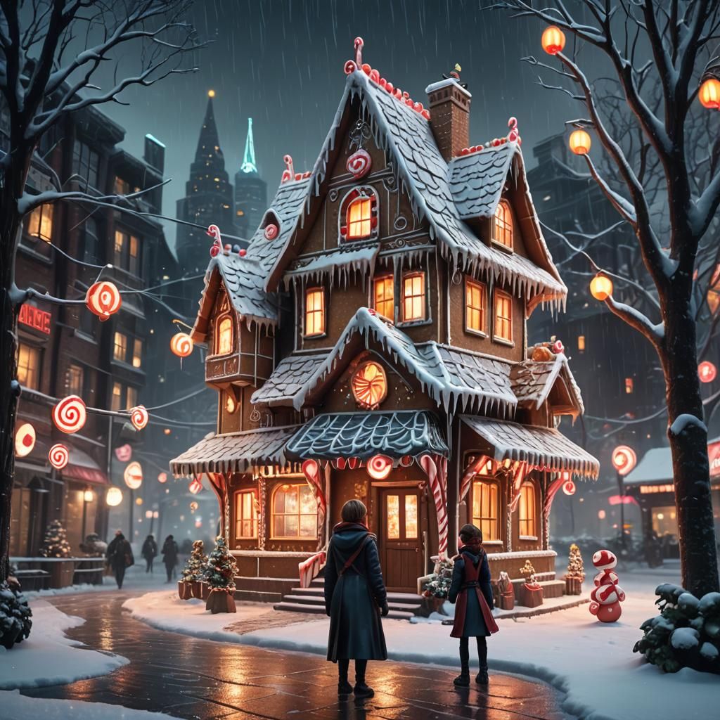 A fantastically detailed gingerbread house in a snowy winter wonderland, with candy cane trees and a gumdrop path.