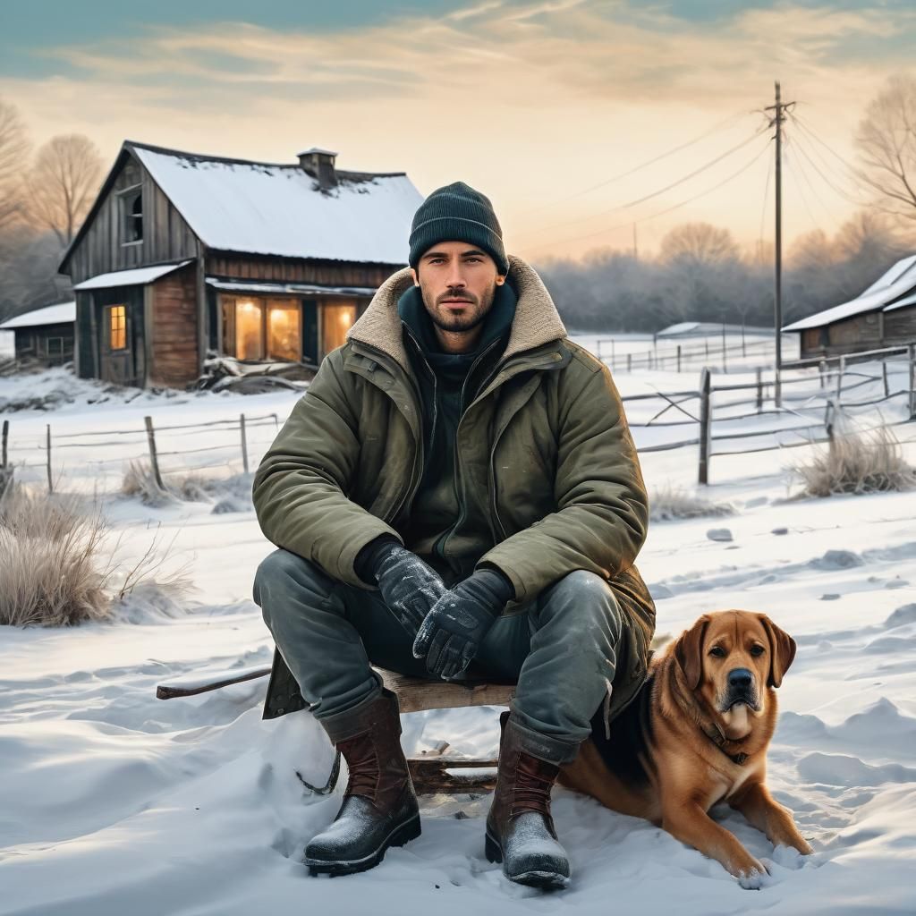 Man and Dog in Snowy Landscape Painting