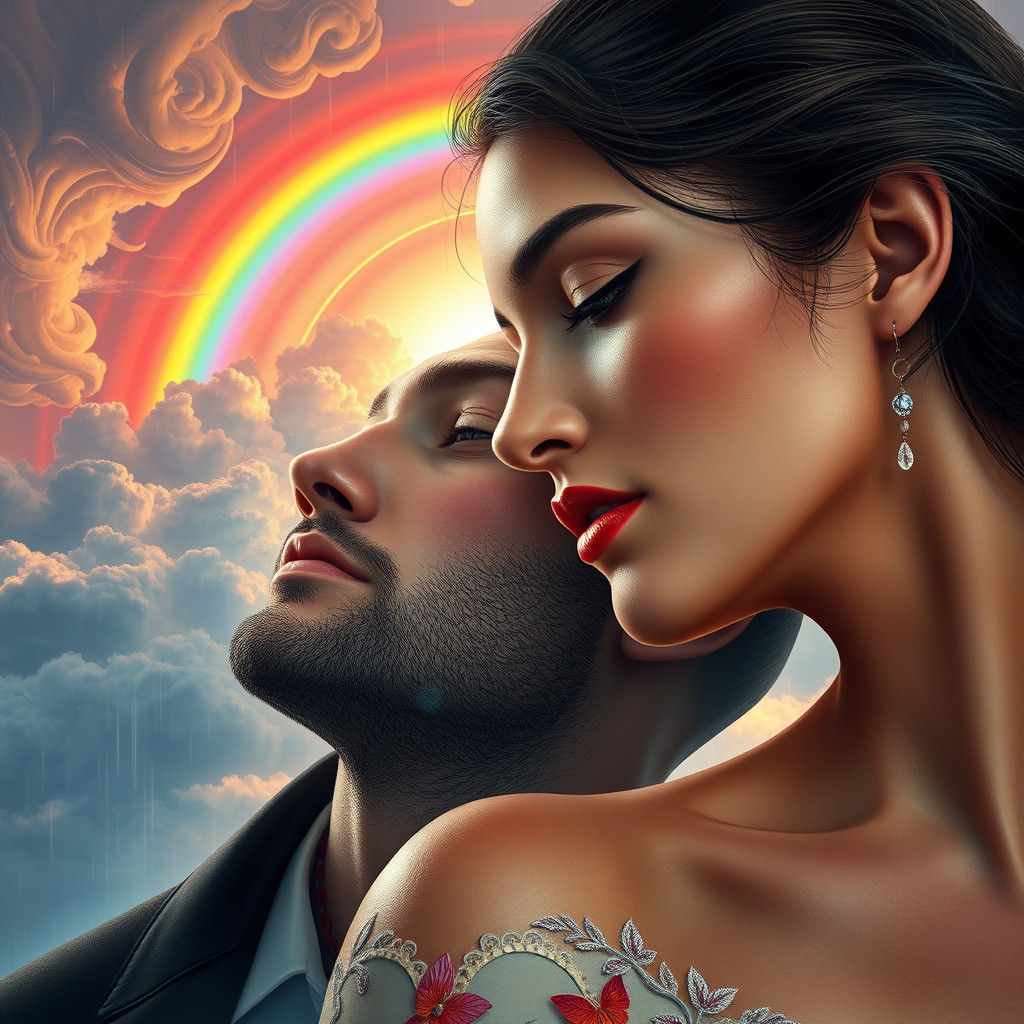 Romantic Portrait with Rainbow in Art Nouveau Style