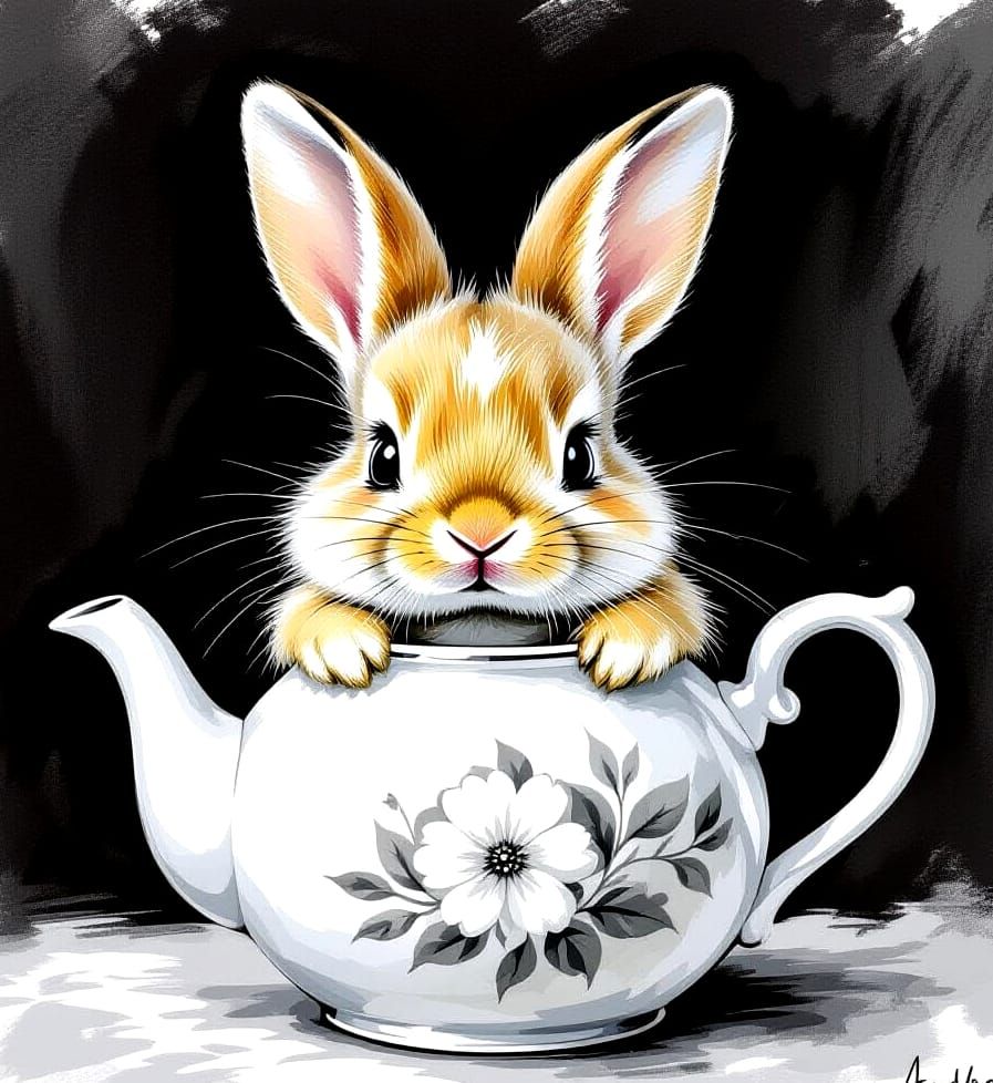 Bunny in Toile Teapot: Black and White Whimsy