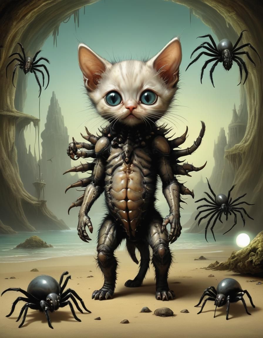 Chibi Kitten Tarantula Hybrid in Surreal Biomechanical Style