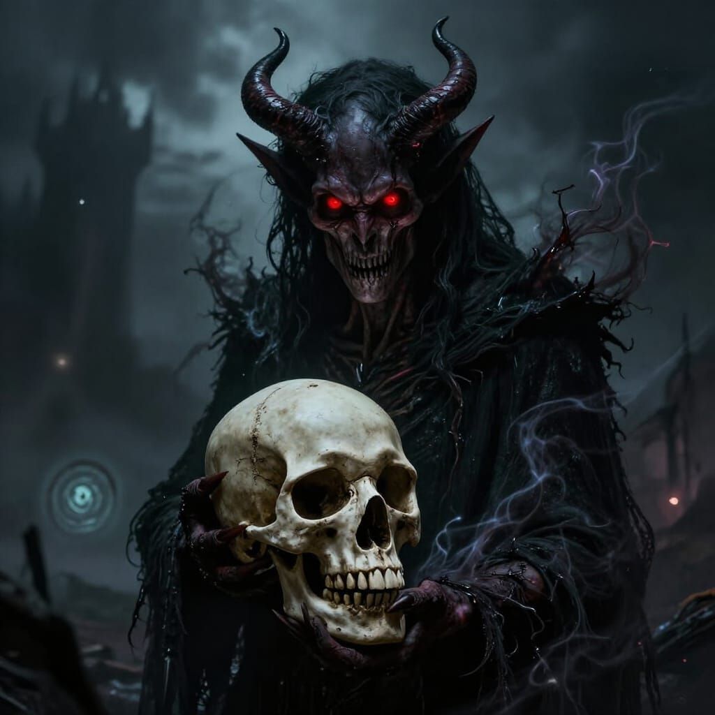 Demonic Figure with Red Eyes and Skull in Dark Fantasy Style