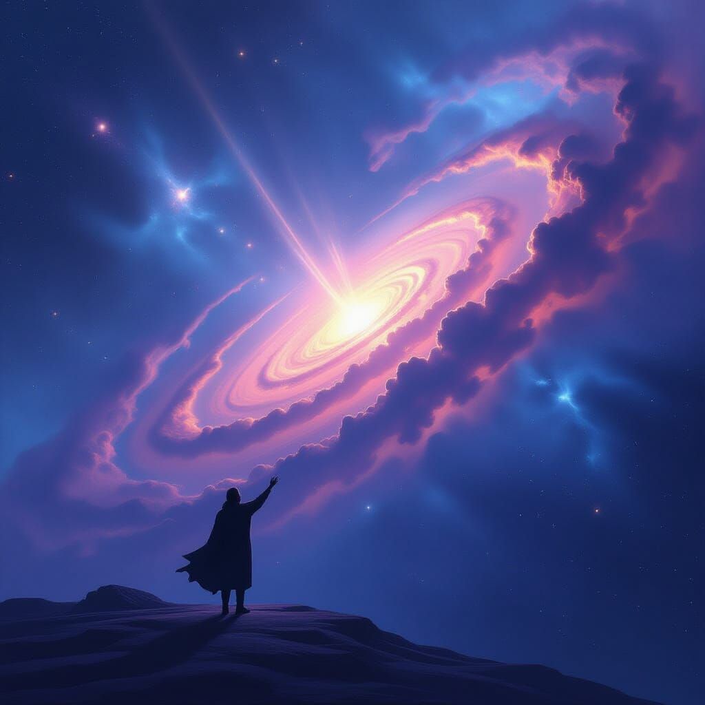 Lone Figure Reaches for Distant Galaxy in Swirling Nebula