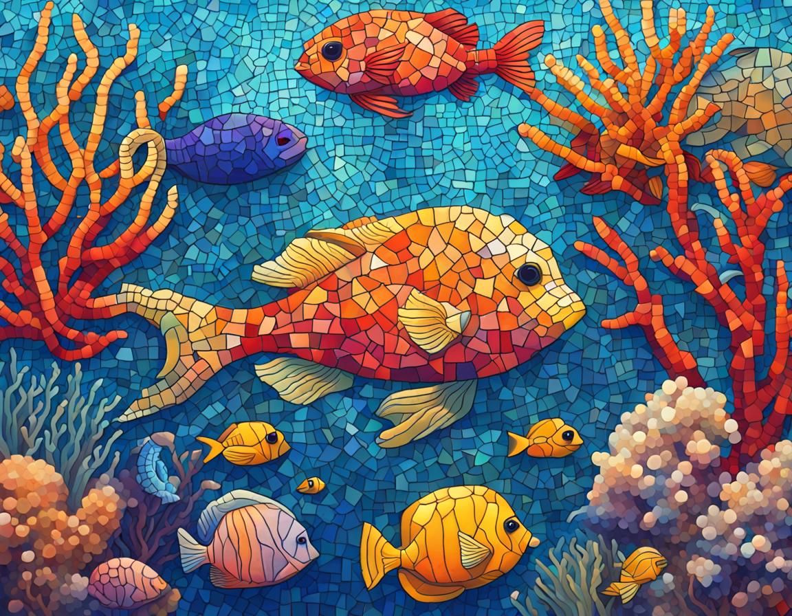 Vibrant Underwater Mosaic Scene with Coral Reefs