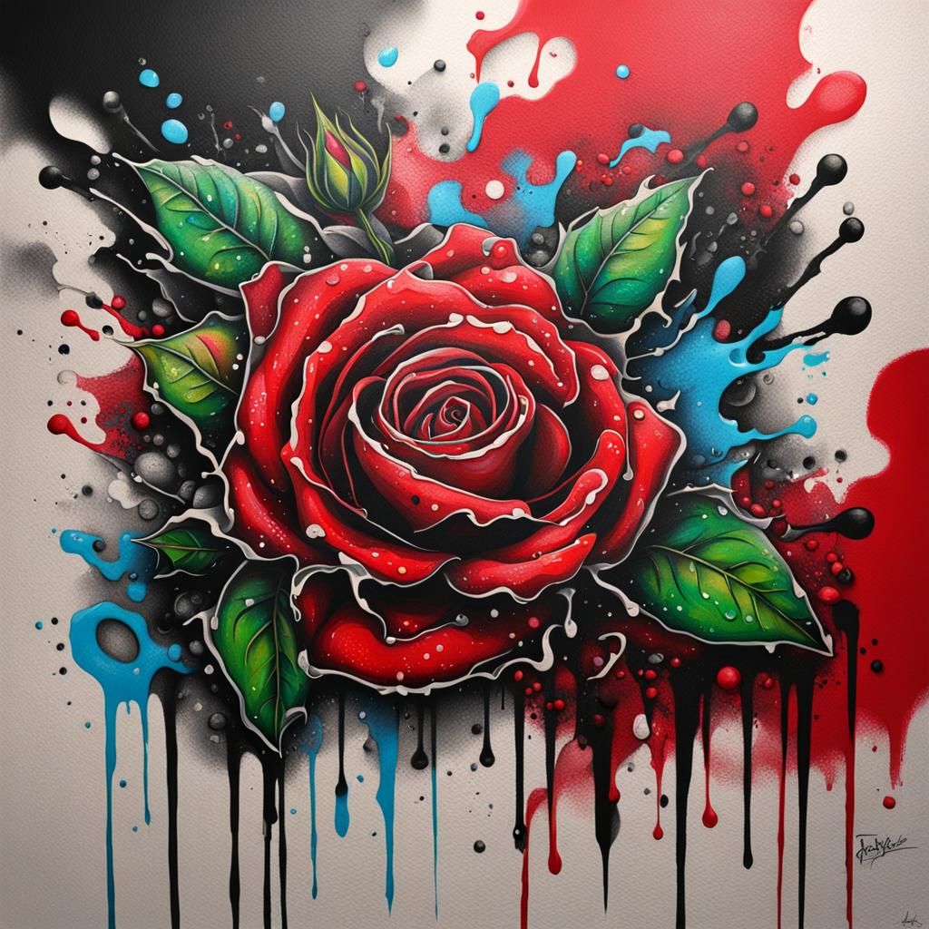 Vibrant Red Rose Tattoo in Graffiti Art Style