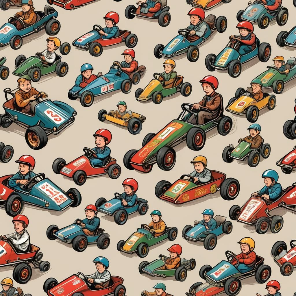 Vintage-Style Illustrations of Boy in Go-Kart