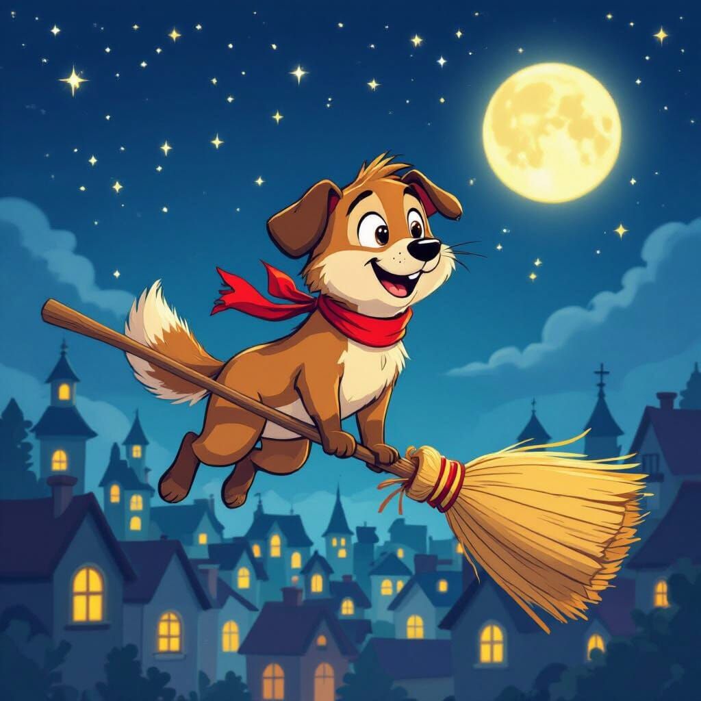 Comic Lion Rides Flying Broom Over Night City