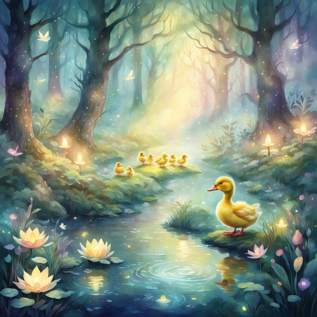 Ducklings Follow Enchanted Nymph in Watercolor Style