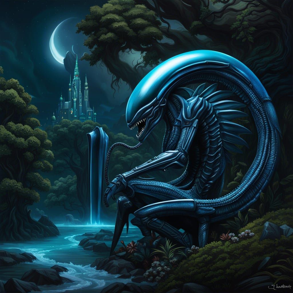 Whimsical Xenomorph in Photorealistic Splash Realism