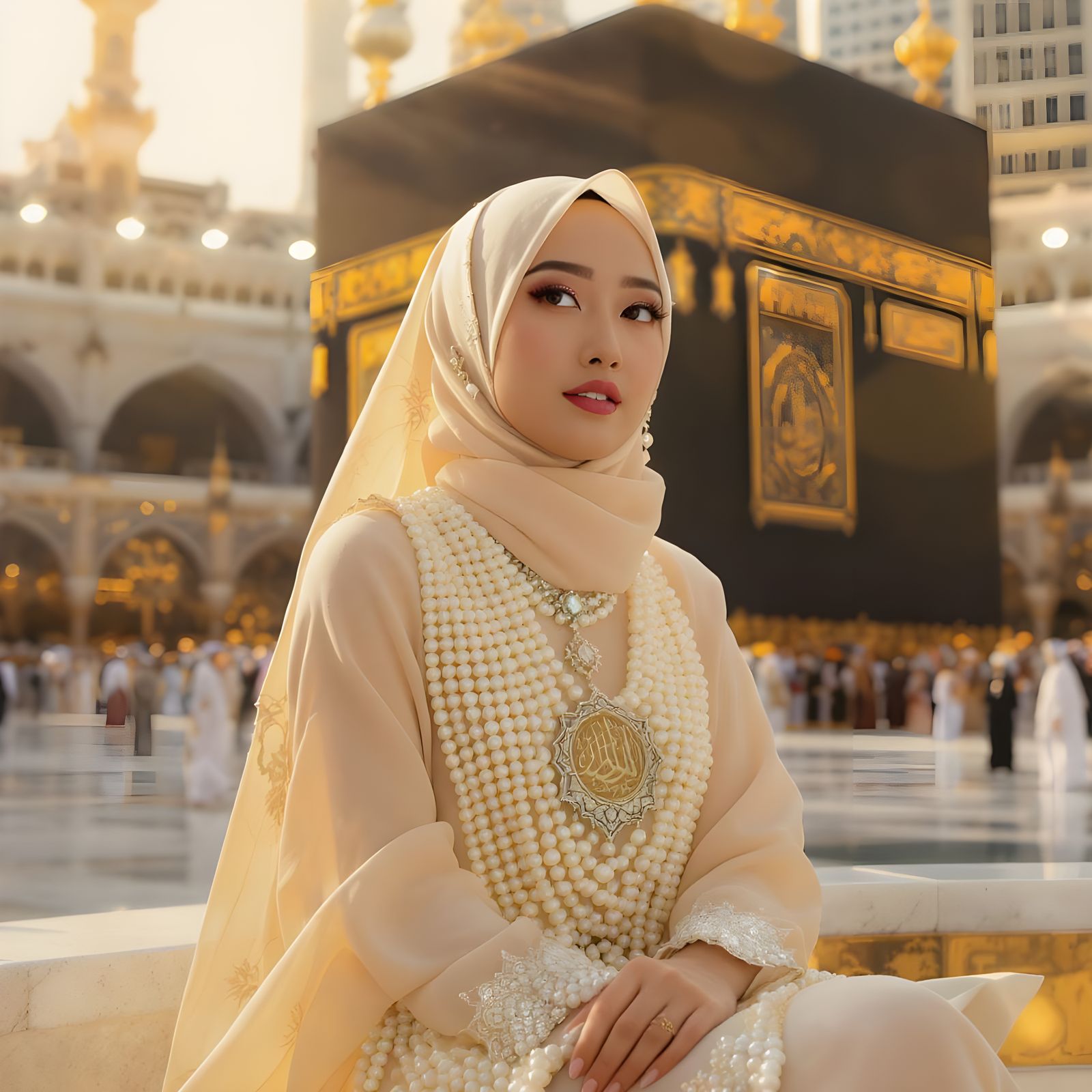 Woman in Hijab Before Ka'bah, Islamic Art Style