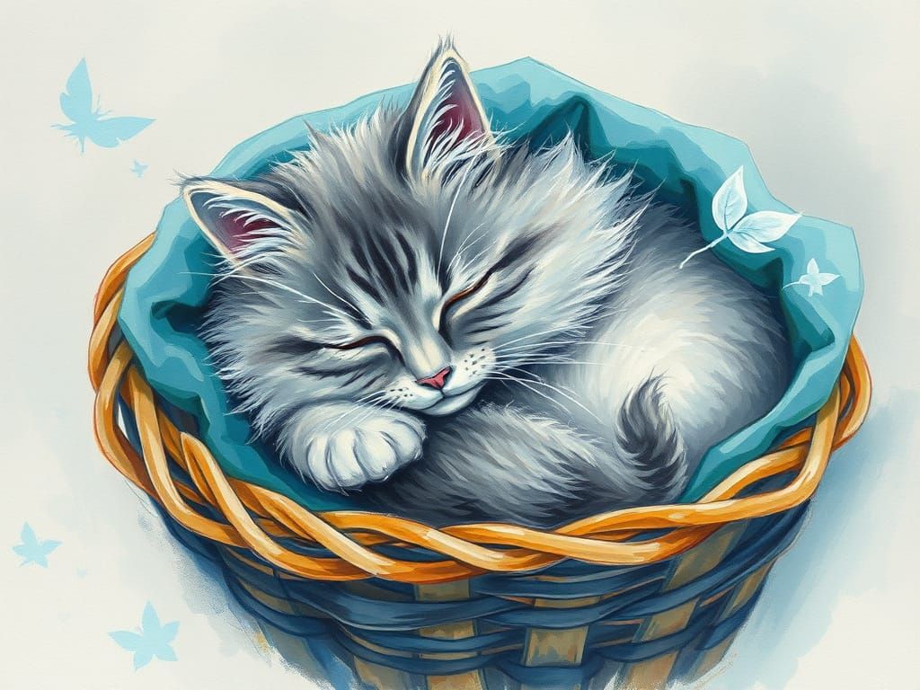 Whimsical Cat in a Dreamlike Aquarelle Scene