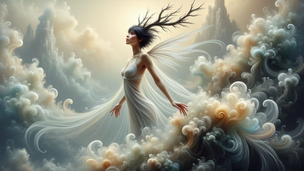 Ethereal Tiefling Maiden Ascends Mountain Peak