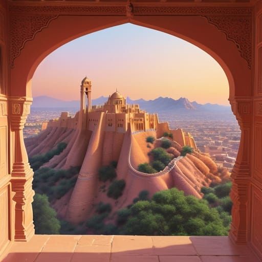 Gouache Painting of Amber Palace at Sunset