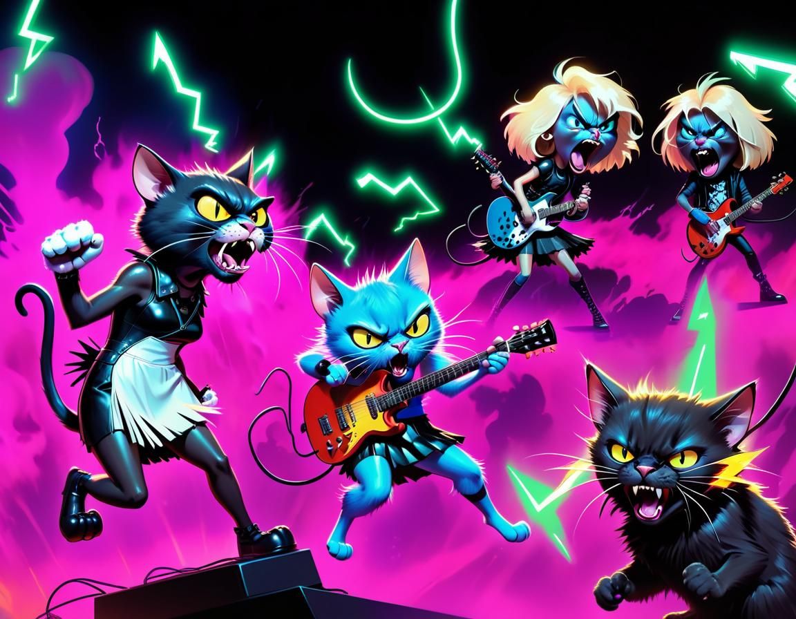 Heavy Metal Cartoon Cats Rocking on Stage