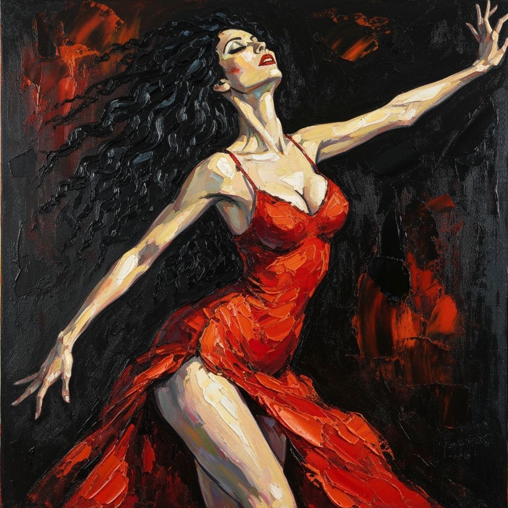 Expressionist Oil Painting of Passionate Dancer in Red Dress