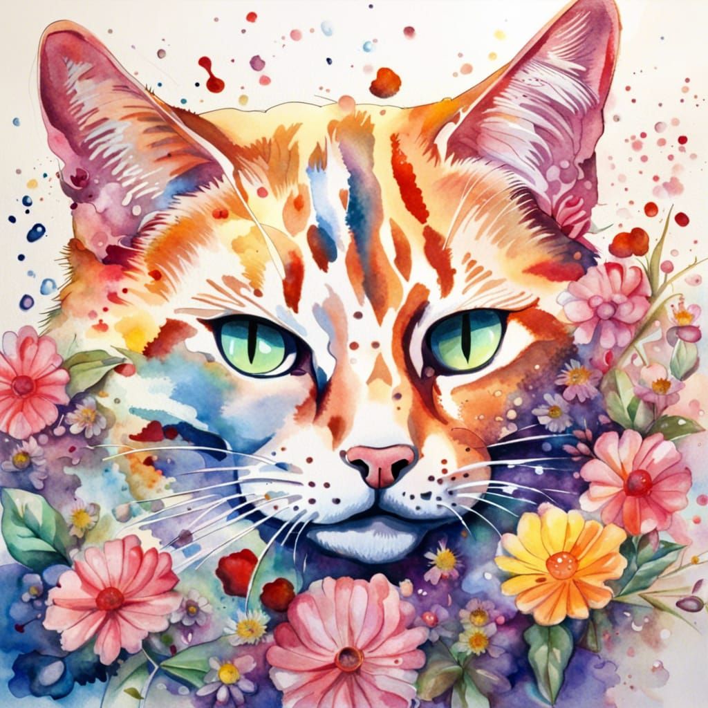 Hyperrealistic Watercolor Cat Surrounded by Flowers