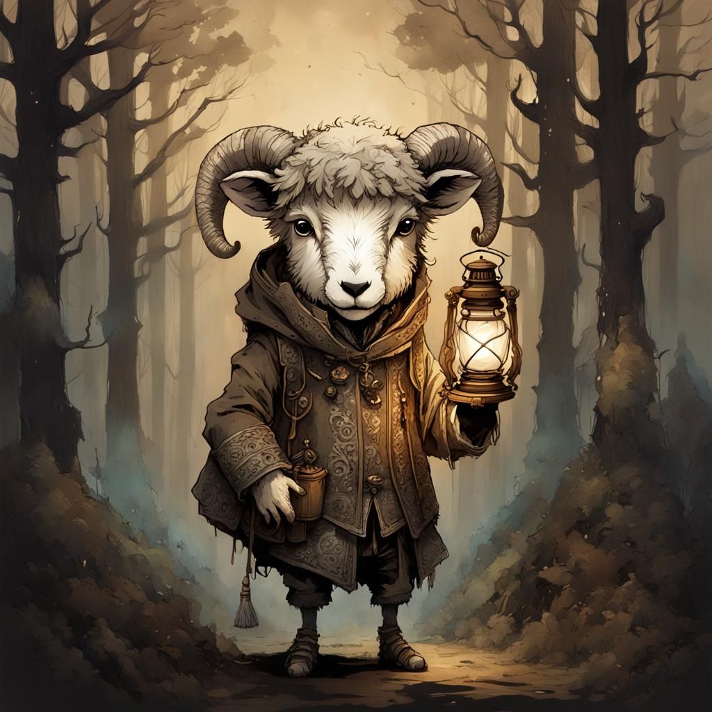 Cute Anthropomorphic Sheep in Dark Forest
