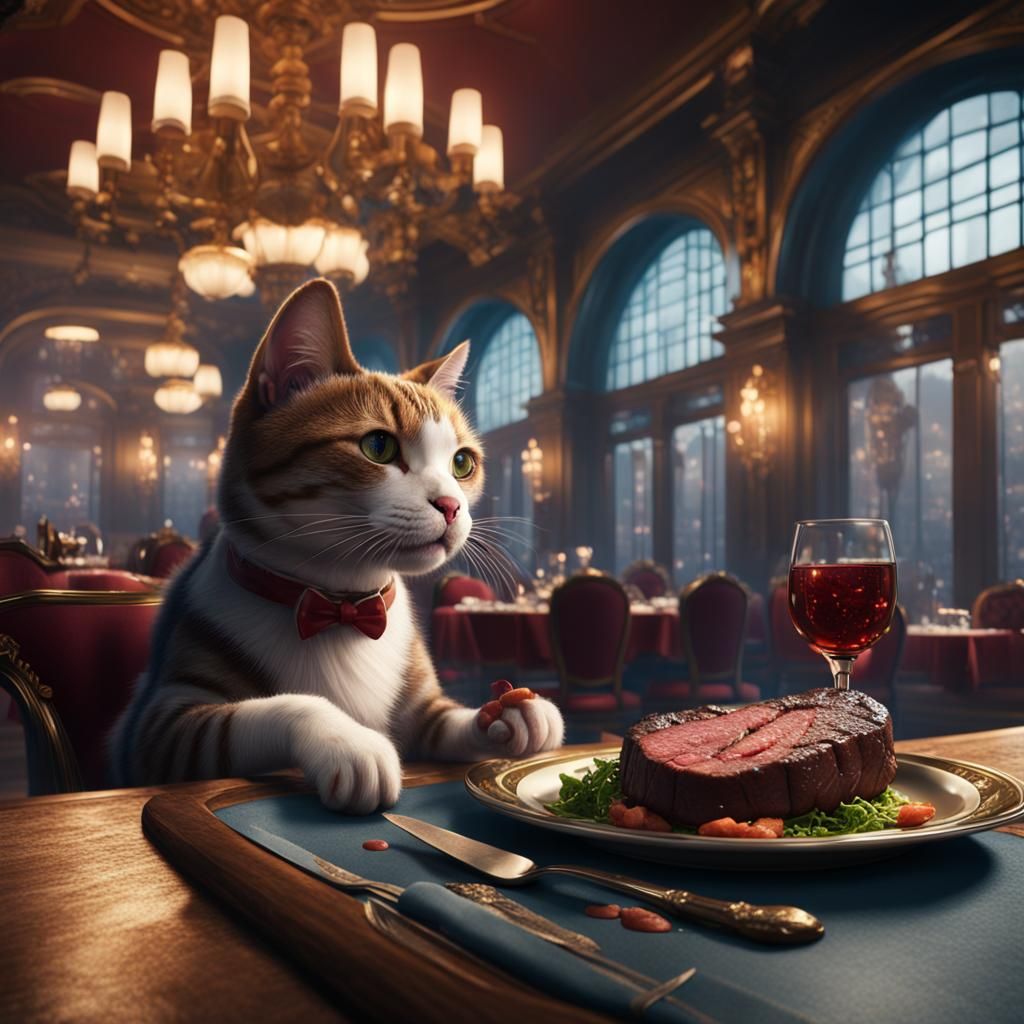 Cat eating steak in a fancy restaurant