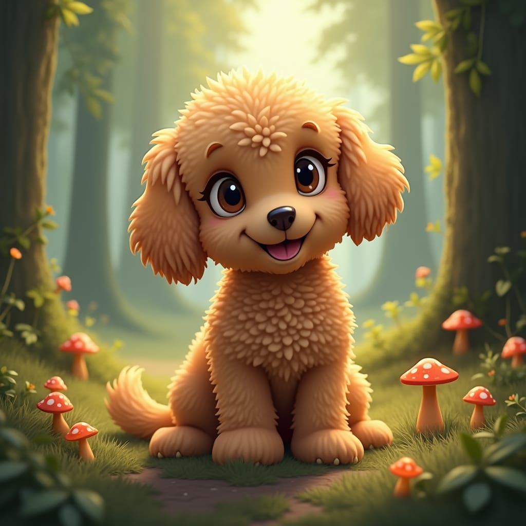 Golden Doodle with Pink Snout in Magical Forest