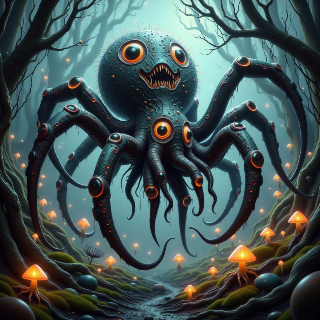 Glowing Octopus Spider Emerges from Dark Forest Roots in Ani...