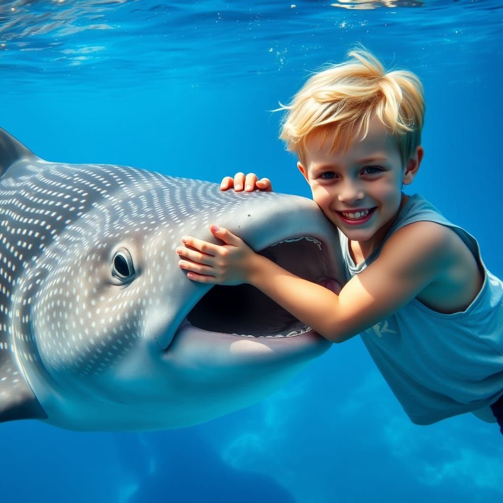 Boy Interacts with Whale Shark Underwater Photograph