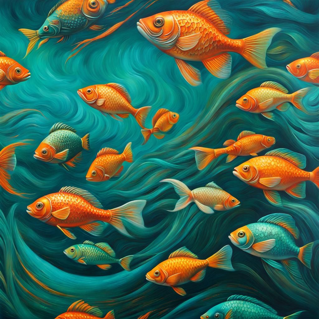 Orange Fish in Teal Ocean Oil Painting