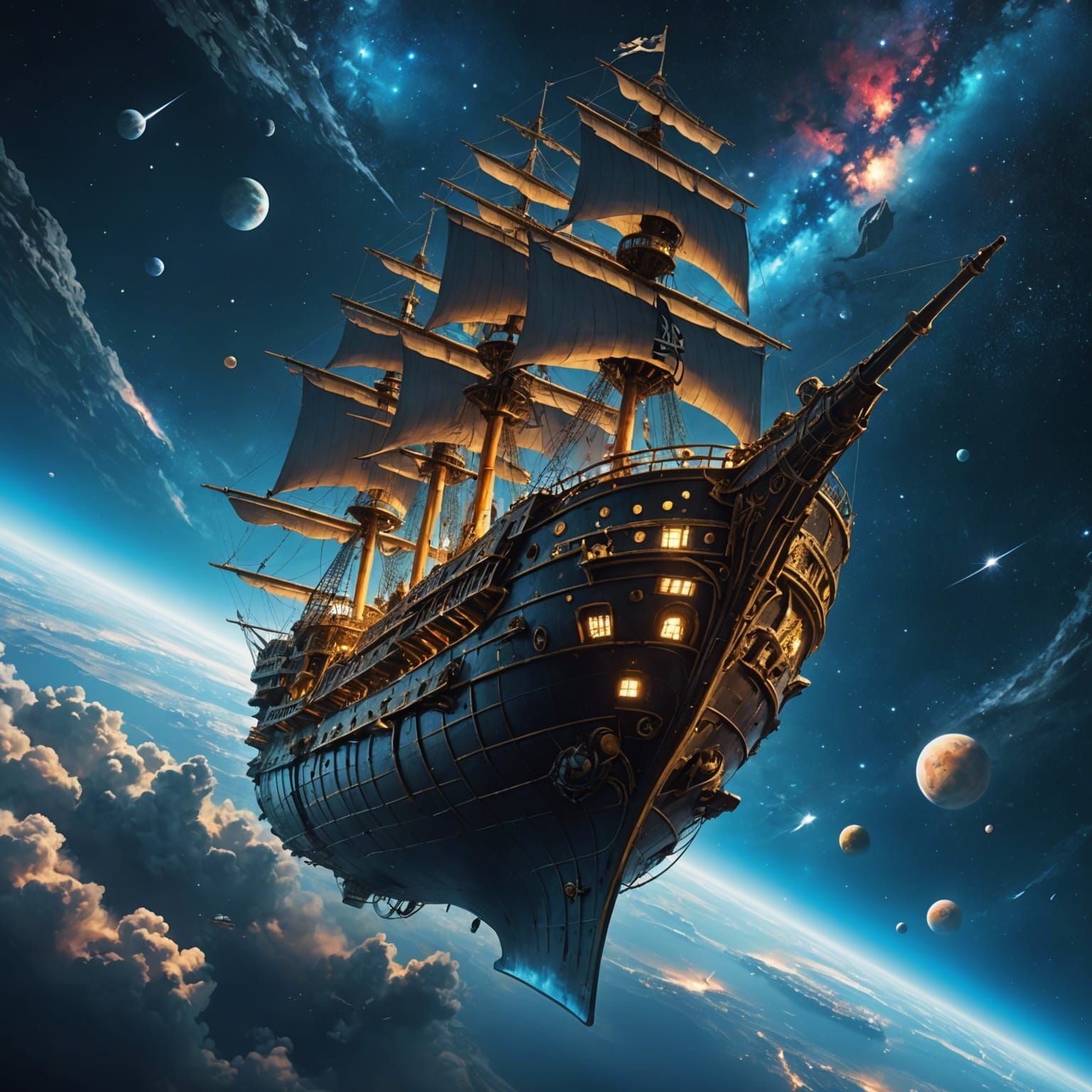 Pirate Ship Soaring Through a Nebula