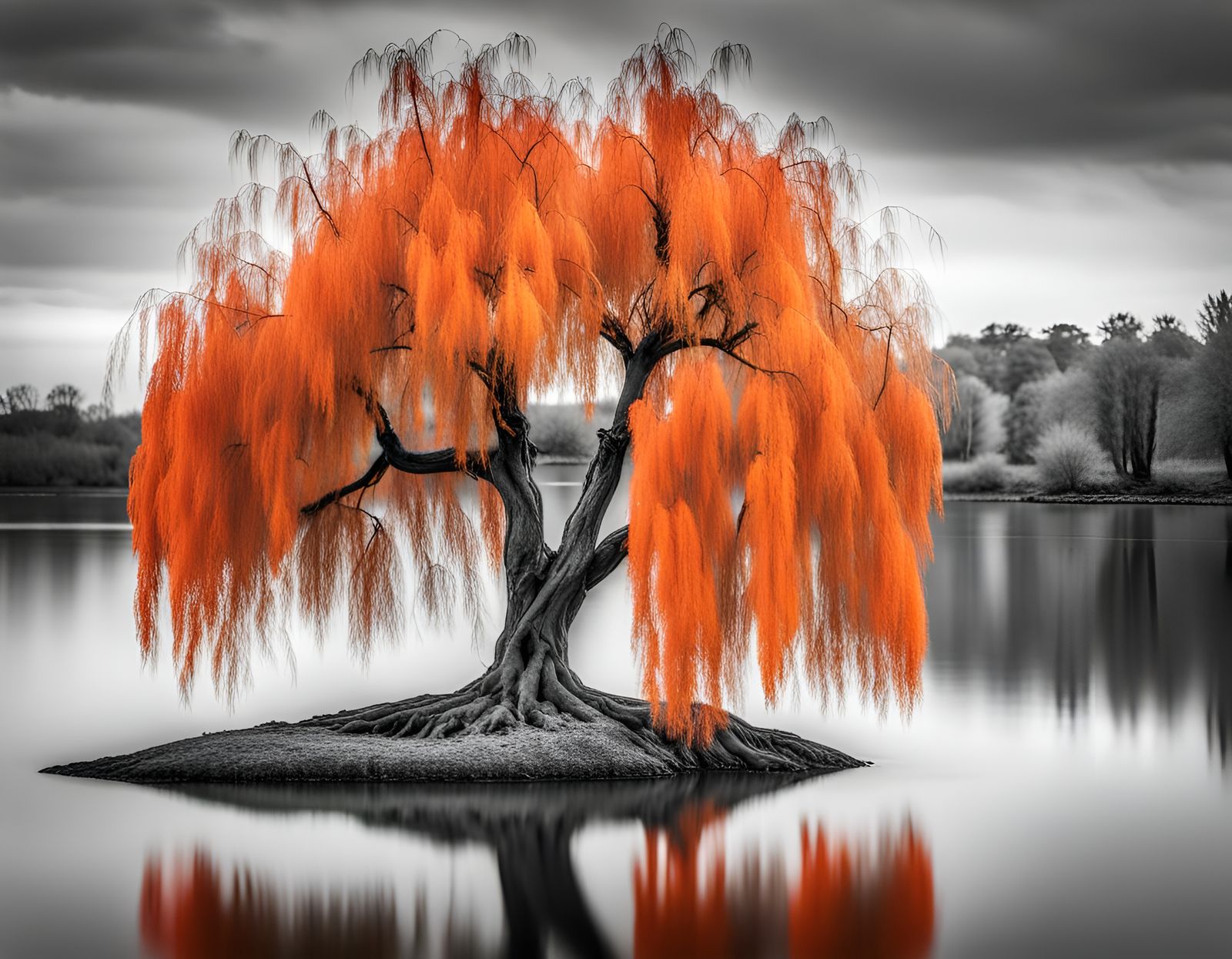 Willow Tree with Orange Leaves in Selective Color