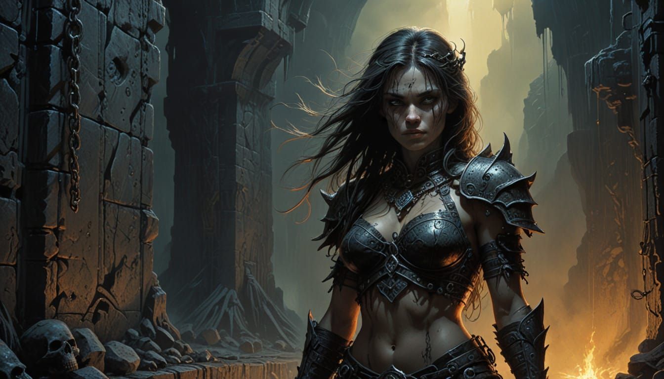 Grim Barbarian Princess in Dungeon Dark Fantasy Art