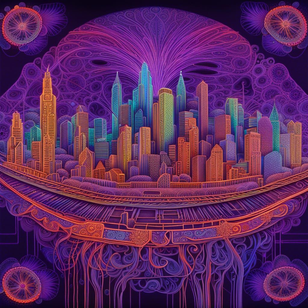Bioluminescent Mandala Cityscape in Ultra Violet
