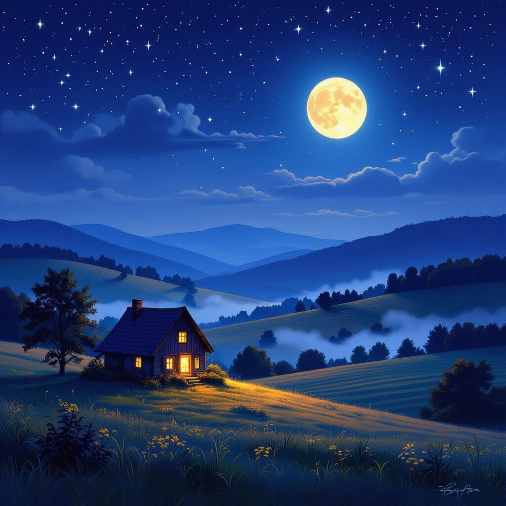 Moonlit Night Landscape with Cottage and Stars