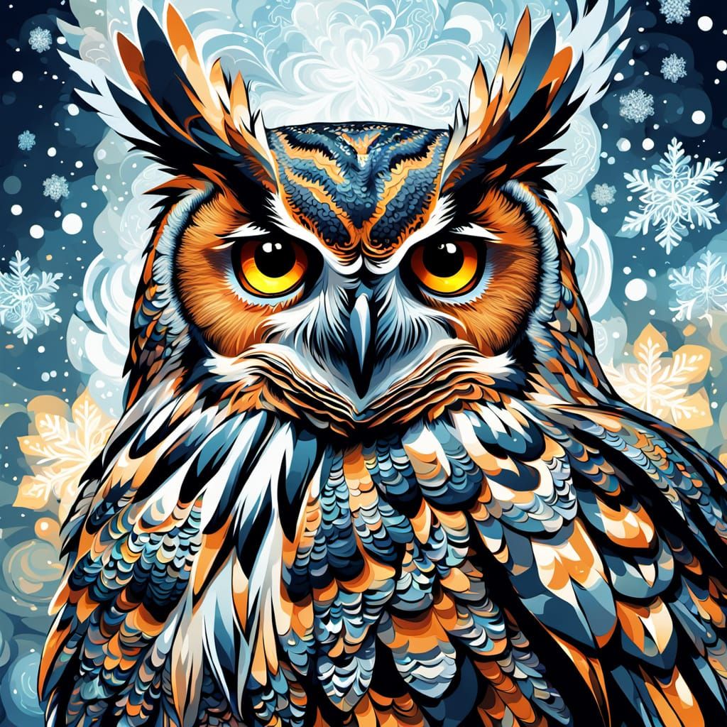 Surreal Owl in Flight with Zentangle Patterns