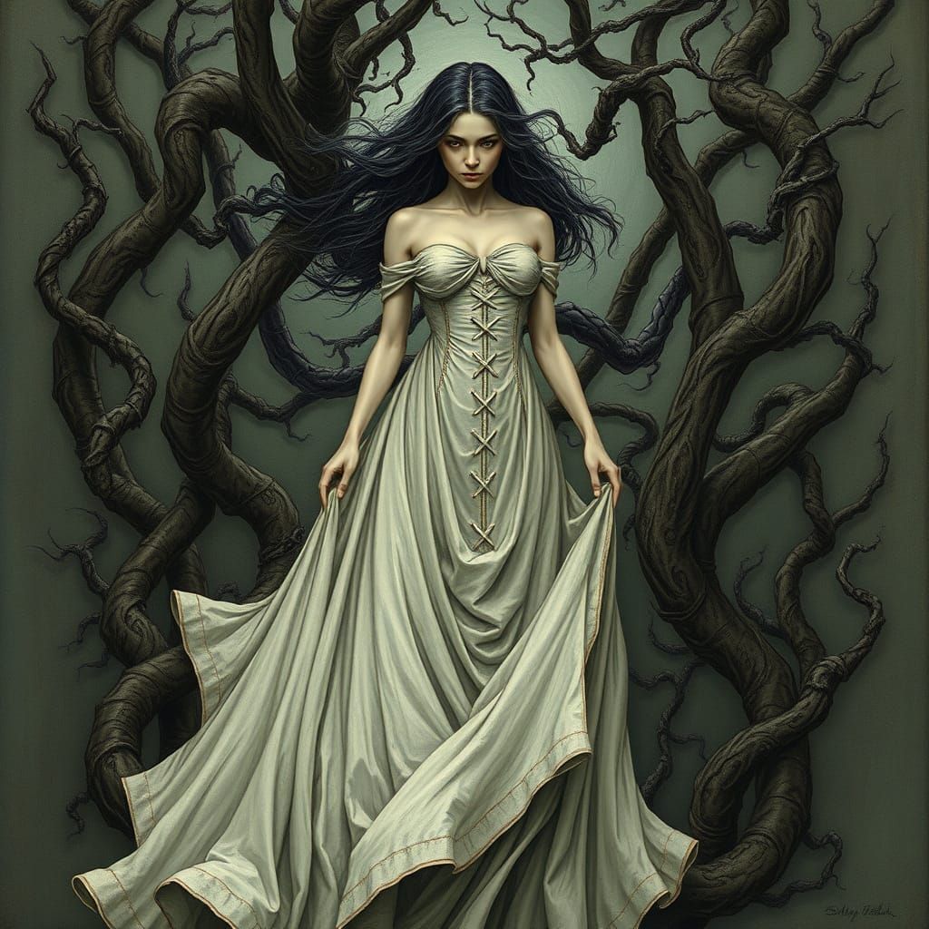 Ominous Vines Entangle Woman in Dreamlike Art