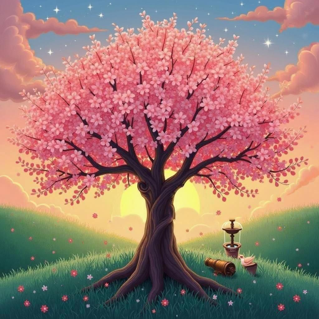 Cherry Blossom and Azalea Tree at Sunset