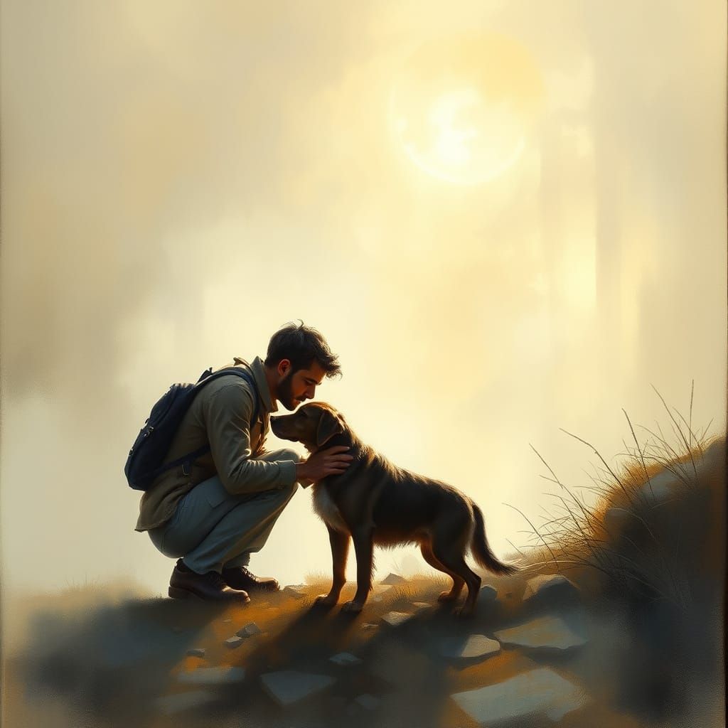 Man and Dog in Ethereal Fantasy, Impasto Painting
