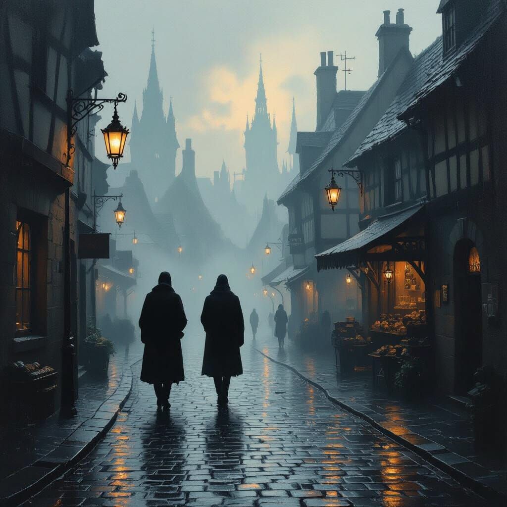 Lone Figure on Cobblestone Streets in Misty Dawn