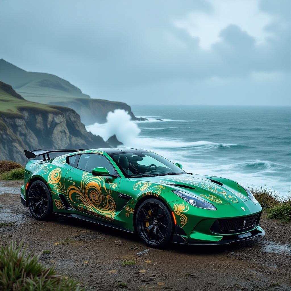 Art Nouveau Sports Car on Stormy Cliff Overlook