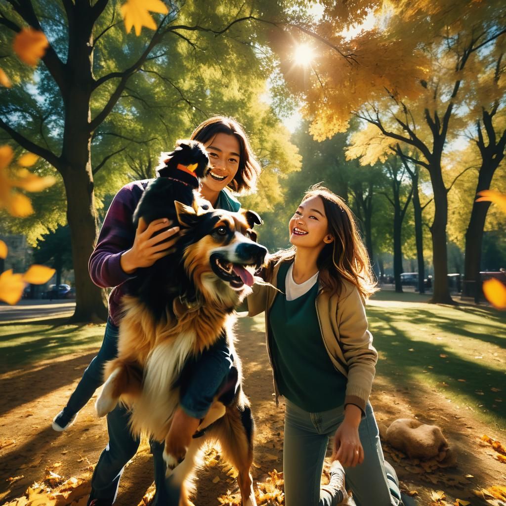 Couple's Selfie with Dog in Park: Cinematic Film Still