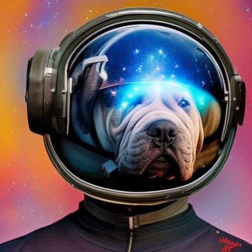 Astronaut Mastiff Puppy in Holographic Cosmic Art