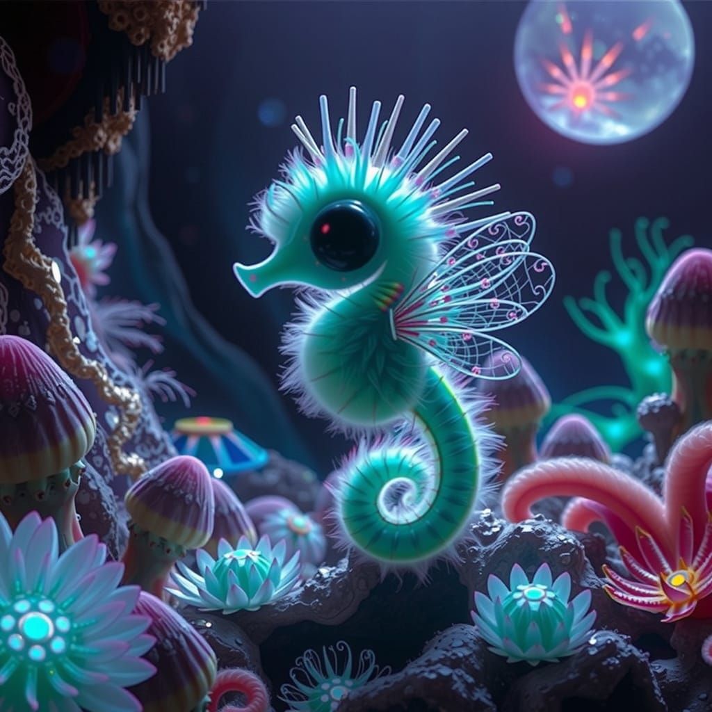 Iridescent Seahorse with Wings in Crystal Cave