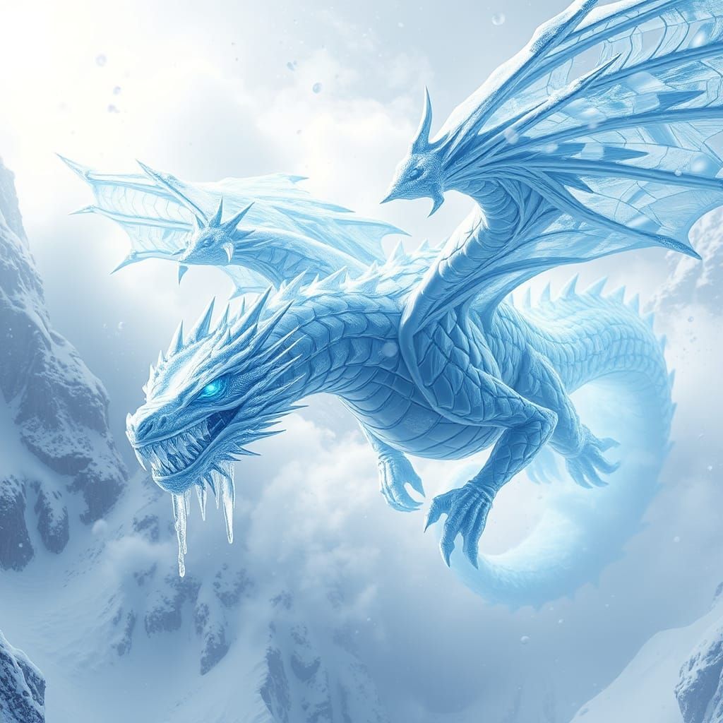 Majestic Ice Dragon Soaring Through a Blizzard