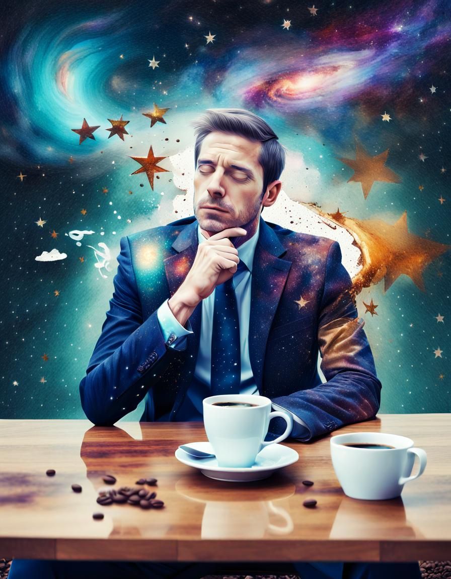 Surreal Businessman Portrait with Coffee and Galaxies