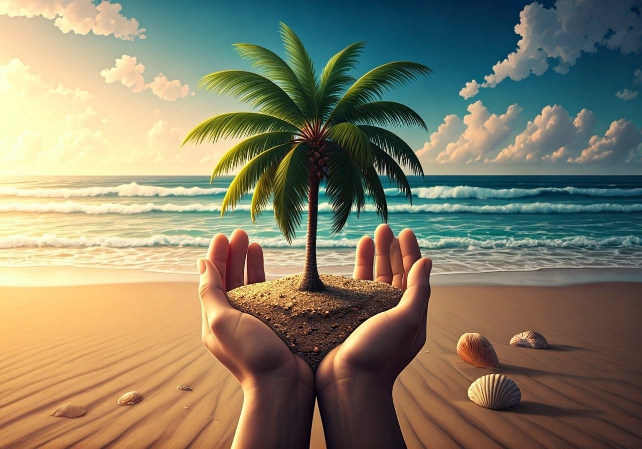 Palm Tree in Hand on Tropical Beach